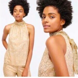 J.Crew Tie Neck Top In cream with Metallic gold Lace Blouse sz Small